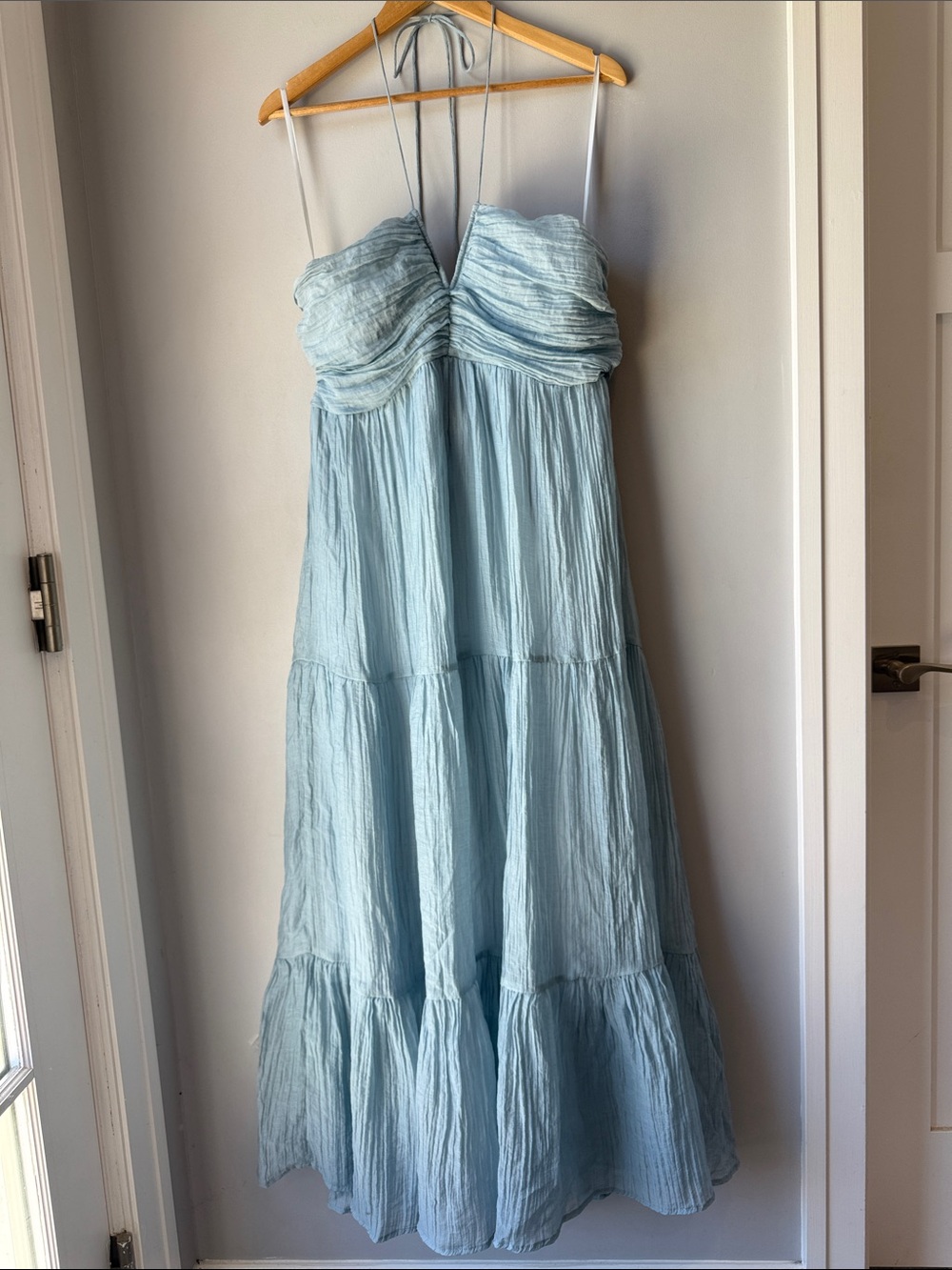 Selfie Leslie Light Blue Halter Tiered Maxi Dress Beach Flowy Spring Summer - Picture 2 of 9